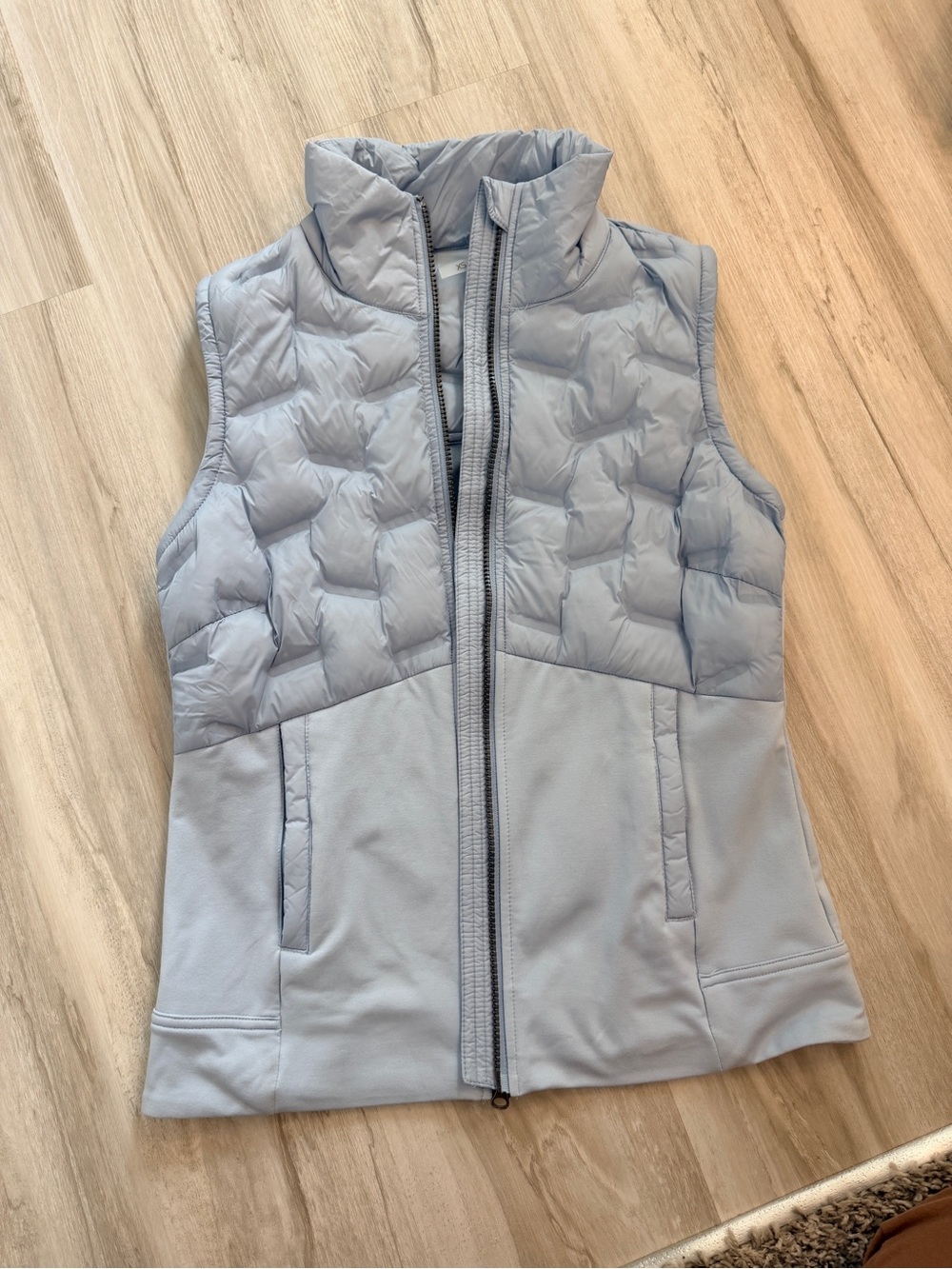 Women's Quilted Light Blue Hybrid Vest with Stand Collar